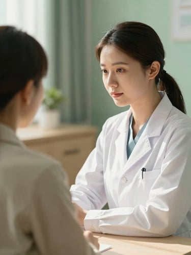 A serene close-up of a professional practitioner in a clean white coat consulting with a patient in a warm, sunlit clinic, soft natural daylight, calming jade and sand tones, elegant depth of field, 35mm