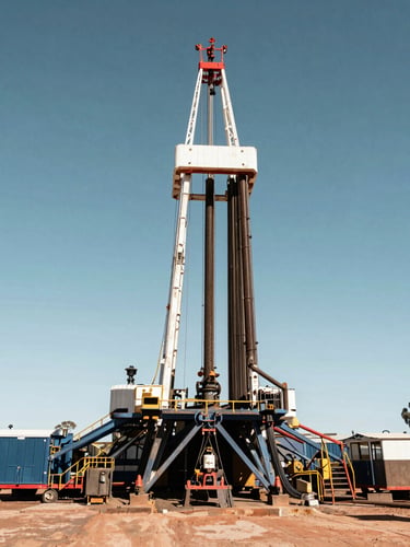 Gritty industrial photography of a heavy drilling rig mast against harsh natural Australian daylight, high-contrast steel and earth tones, wide-angle lens