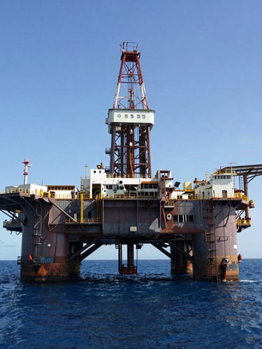 Wide-angle gritty industrial photography of an offshore drilling rig in Western Australia under harsh natural daylight, high-contrast steel structures, deep blue water.