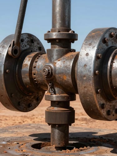 Close-up macro shot of heavy steel drilling equipment on a Western Australian rig, harsh natural daylight, high-contrast shadows