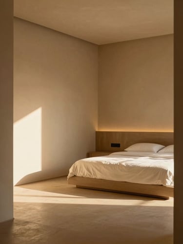 Minimalist interior of an empty, sunlit luxury guest room, warm sand-toned walls, premium linens on a low bed, soft morning light casting long shadows, architectural focus, 35mm lens, shallow depth of field.