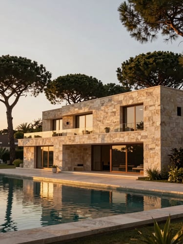 Wide architectural exterior of a modernist stone villa at golden hour, surrounded by tall pine trees, soft warm light reflecting off a quiet pool, negative space on the left, warm editorial photography, 35mm lens