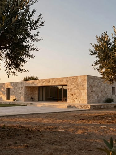 Wide architectural exterior of a minimalist stone villa at golden hour, surrounded by ancient olive trees, warm side lighting, 35mm lens.