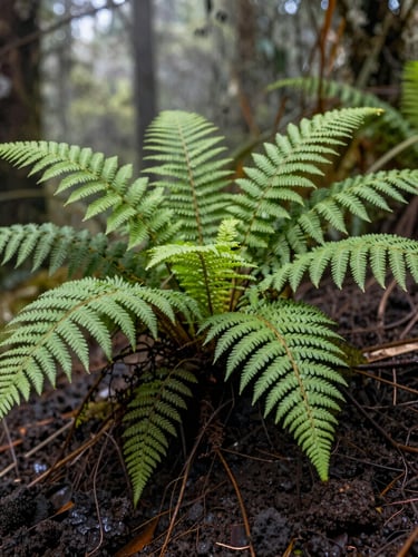 Close-up of wet volcanic soil and vibrant green ferns in the highlands of La Pintada, soft morning light filtering through forest canopy