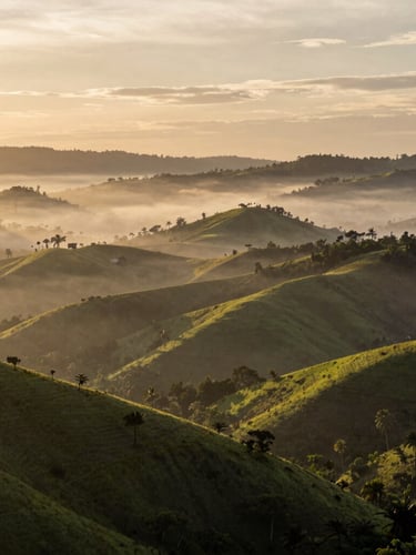 Vista aérea de colinas verdes en La Pintada de Coclé durante el amanecer con neblina suave flotando entre los valles, luz dorada tenue, composición asimétrica.