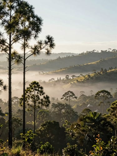 Wide panoramic highland forest in Coclé at morning mist, tall pines framing the left third, soft diffused light, rolling hills in the distance.