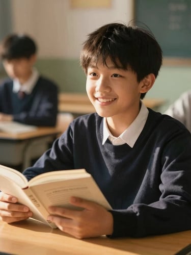 Warm editorial photography of a young student smiling in a sunlit classroom, holding a book, natural golden-hour light, rich inviting color tones, 35mm