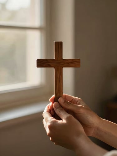 A quiet, warm editorial photograph of soft morning light streaming through a window onto hands holding a wooden cross, shallow depth of field, 35mm