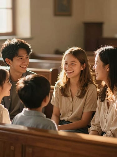 Warm editorial photography of a laughing family talking in a sunlit church lobby, natural golden-hour light, shallow depth of field, 35mm