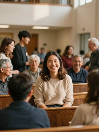 Warm editorial photography of a welcoming church lobby with natural golden-hour light, diverse families smiling and talking in the background, shallow depth of field, 35mm