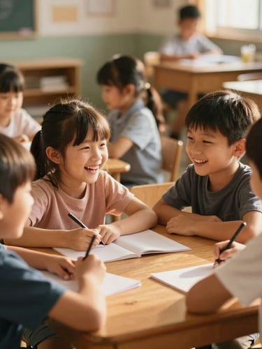 Warm editorial photography of children laughing and learning together around a wooden school table, natural golden-hour light, shallow depth of field, 35mm
