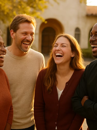 A warm environmental portrait of diverse church members laughing together in a sunlit courtyard, golden-hour light, shallow depth of field, 35mm