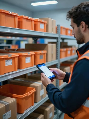 An organized high-tech fulfillment hub in Algiers under cool blue lighting, with safety orange sorting bins and a delivery agent scanning a package with a glowing mobile app screen.