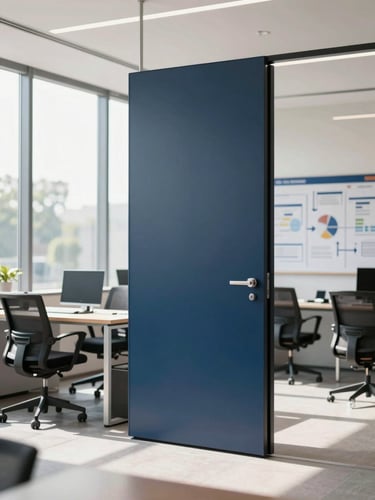 Medium-wide environmental shot of a modern Indian corporate office in New Delhi, bright natural daylight streaming through large windows, a clean collaborative workspace with a strategic planning board in the background, shallow depth of field.