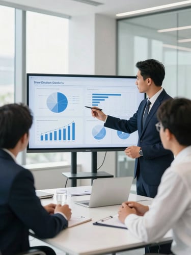 A professional strategic planning session in a modern New Delhi corporate office, bright natural daylight, team members analyzing charts on a digital screen, crisp white and deep navy tones, shallow depth of field
