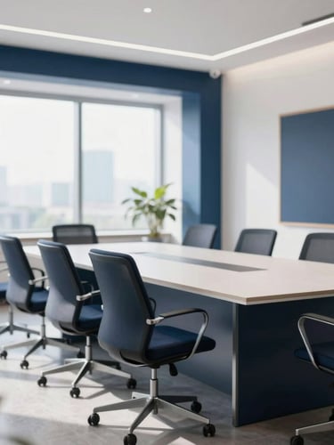 A bright, modern corporate workspace in New Delhi, clean daylight, professional strategy board in background, shallow depth of field, corporate navy accents.