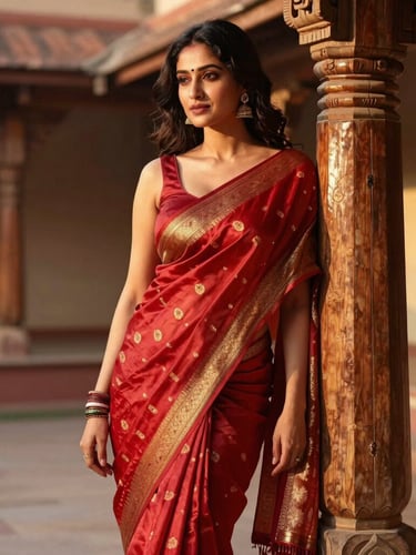 Warm editorial portrait of a woman elegantly draped in a crimson handloom silk saree, leaning against a sunlit traditional carved wooden pillar in an open courtyard, golden-hour natural light, rich saturated jewel tones.