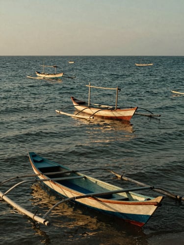 Atmospheric coastal photography of traditional wooden fishing boats on the shores of Kuala Batee, Aceh, golden-hour light reflecting on the sea, 35mm.