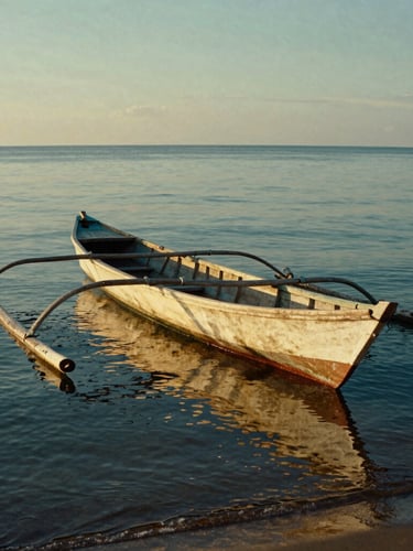 Traditional wooden fishing boat resting on the calm shoreline of Kuala Batee, soft golden light reflecting on the water, 35mm.