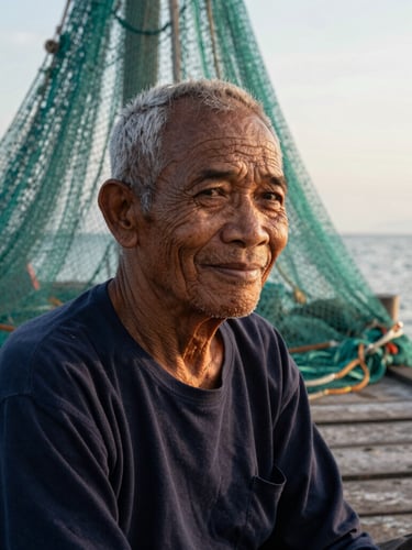 Close-up of an elderly Acehnese fisherman with deep weathered wrinkles, smiling gently on a wooden dock, soft coastal morning light, rich textures of fishing nets in the background.