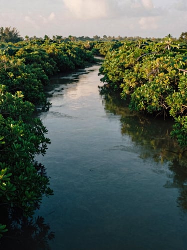 A quiet river estuary in Southwest Aceh, lush green mangroves lining the banks under soft morning light, 35mm.