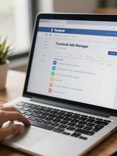 Close-up of a laptop screen showing a Facebook Ads Manager dashboard with cost-per-lead metrics clearly visible, bright office daylight from the left, hand resting near the trackpad