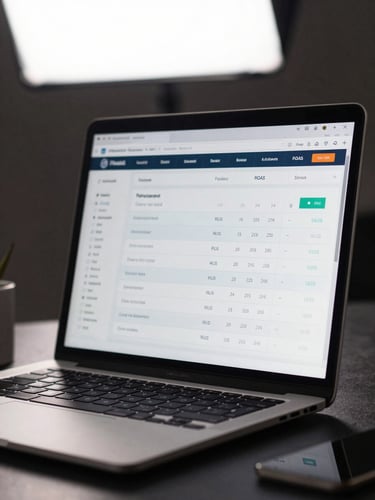 Close-up of a laptop screen on a dark desk showing a paid social ads performance dashboard — cost per lead, appointment bookings column, and ROAS figures clearly legible, bright studio lighting from above, no glare