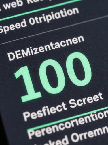 Macro extreme close-up of a web speed optimization report showing a perfect 100 score, clean monospace font, dark slate interface with neon cyan highlight lines, sharp focus.