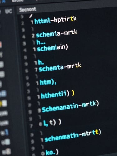 Macro crop of a clean semantic HTML and Schema markup code editor interface on a dark screen, glowing electric cyan highlights, technical editorial style.