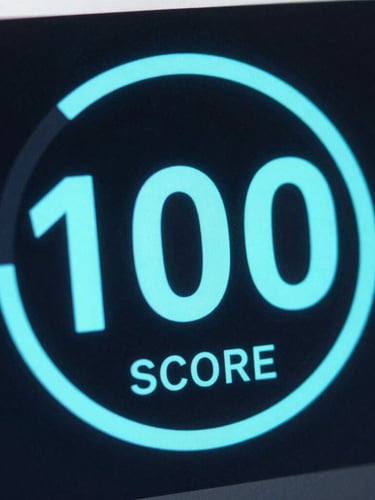 Macro crop of a PageSpeed performance dashboard showing a 100 score in electric cyan, high-contrast cool-toned screen-glow