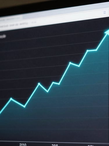 Stylized Google Search Console performance graph showing a steep upward trajectory, clean dark slate UI, electric cyan glowing line chart, high-contrast technical interface.