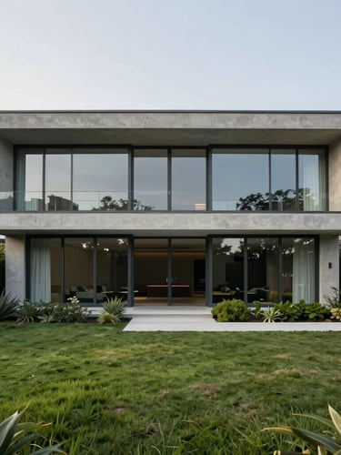 Straight-on architectural perspective of a modern concrete and glass villa facade, integrated with manicured green landscaping, soft morning daylight, clean lines.
