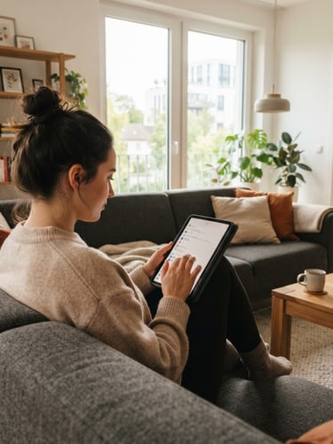 Modernes, warm beleuchtetes deutsches Wohnzimmer mit einer Person, die entspannt auf einem Sofa sitzt und ein Tablet benutzt, Over-the-shoulder-Aufnahme, natürliches Tageslicht, subtile Details von Gemütlichkeit.