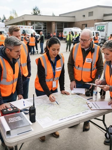 A clean documentary photograph in bright natural daylight of active community volunteers in high-visibility safety orange vests collaborating around a map during an emergency response training exercise. Clear, non-alarmist focus on teamwork, with structured emergency equipment and standard operating procedure manuals visible on the table.