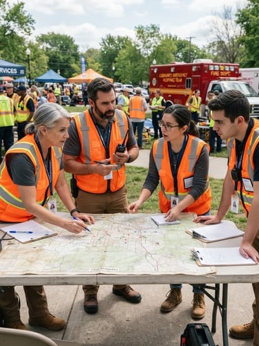 Wide-angle documentary shot of community volunteers in high-visibility orange vests collaborating over a map during an active daytime emergency drill, bright natural daylight, sharp focus.