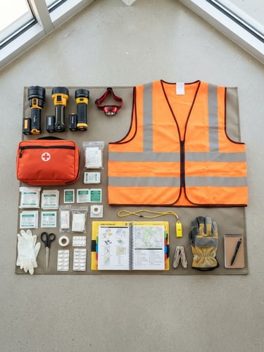 Organized emergency response kit laid out flat on a clean surface, including high-visibility vests, flashlights, first aid supplies, and official manuals, bright natural light, sharp focus
