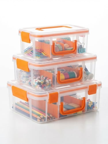 Bright high-key product photography of transparent plastic organizing boxes stacked neatly on a white desk, vibrant orange accents, clean studio lighting, crisp details, commercial retail style, 35mm