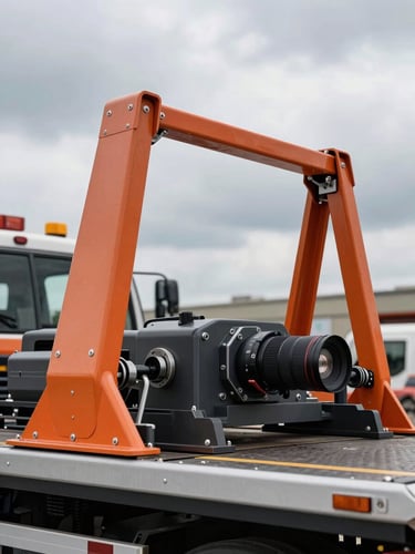 Close-up of a modern flatbed tow truck hydraulic lift system, safety orange steel arms, dramatic overcast sky, sharp mechanical focus, 35mm lens