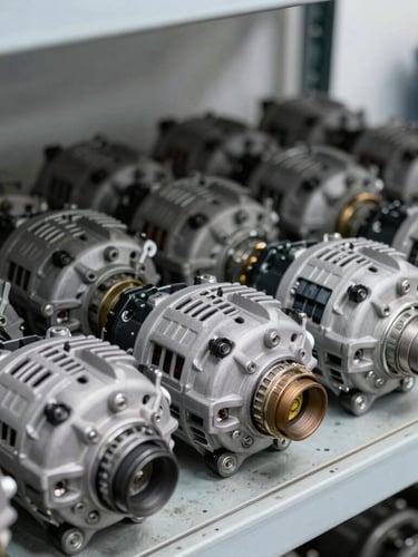 Close-up of neatly arranged car alternators and starter motors on industrial steel shelves, realistic workshop lighting, 35mm lens