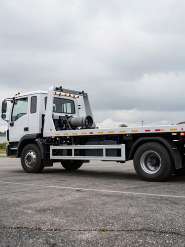 Side profile of a clean flatbed tow truck parked on an asphalt yard under overcast grey skies, sharp focus on the hydraulic ramp, 35mm lens