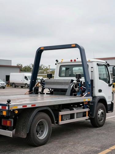 A clean flatbed tow truck parked on an asphalt yard under overcast daylight, sharp focus on the hydraulic lift, industrial tones