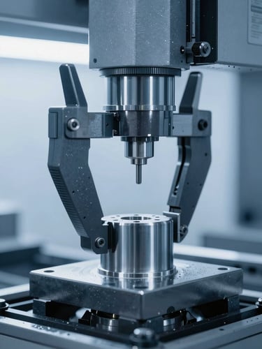 Close-up of a high-precision CNC machine operator calibrating a steel component under cool blue industrial lighting, sharp focus, high-contrast.