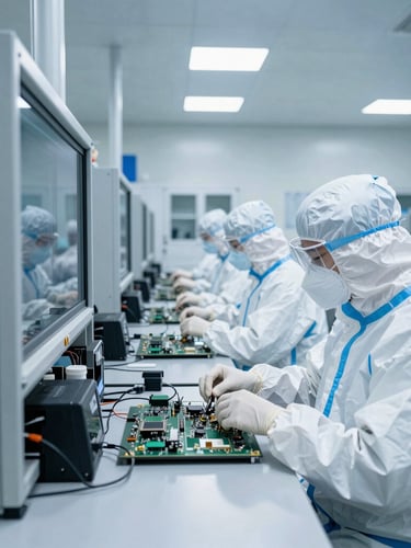 Wide environmental shot of a modern clean room facility with technical professionals in protective gear working on high-precision electronics, cool overcast daylight