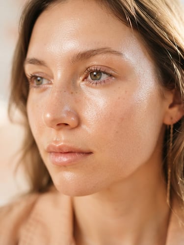 Clean editorial photography, soft warm morning light, dewy skin textures, pastel peach and cream tones, macro 35mm