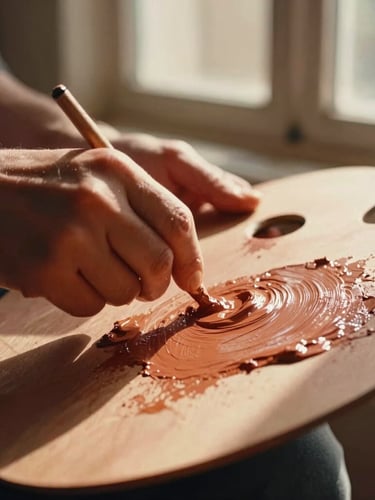 Candid medium shot of hands mixing warm terracotta oil paint on a wooden palette, golden-hour sunlight streaming through a window, shallow depth of field, 35mm film.