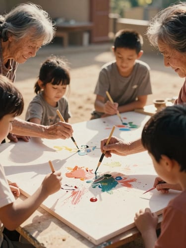Candid medium shot of children and elderly neighbors painting together on a large canvas outdoors, warm sunlight, paint splatters, authentic smiles, 35mm film.