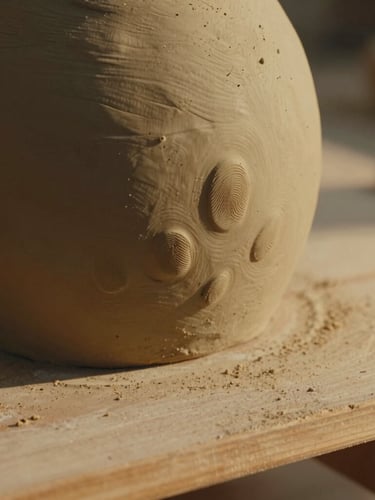Extreme close-up of a textured clay sculpture showing detailed fingerprints, drying on a wooden ledge under soft afternoon sunlight, warm sand tones, cinematic.