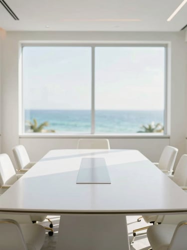 Wide environmental shot of a sophisticated modern boardroom in Miami Beach, light-filled, minimalist white furniture, a large window showing a soft-focus view of the ocean, bright natural daylight, 35mm