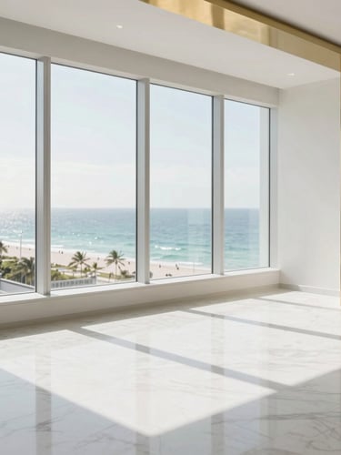 Wide environmental shot of a sun-drenched minimalist office interior with white marble floors, polished brass accents, and floor-to-ceiling windows overlooking the Miami Beach coastline, soft daylight, 35mm