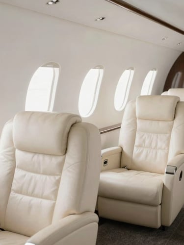 Bright private jet cabin interior, soft natural daylight streaming through windows, empty cream leather seats, minimalist luxury, 35mm